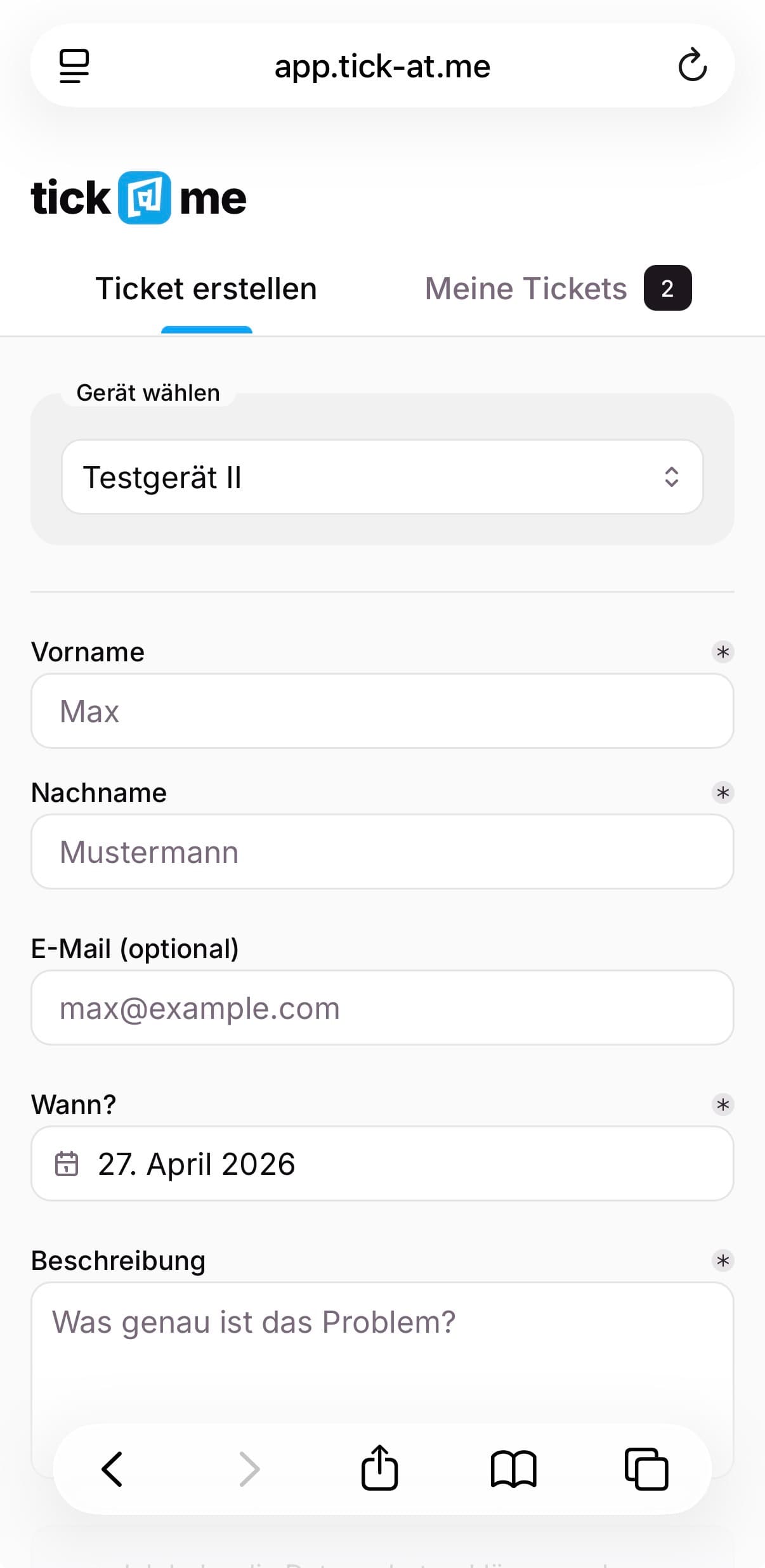 Ticket-Formular auf dem Handy